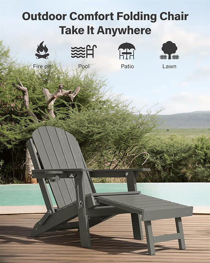 YEFU Adirondack Chairs Set of 2 for Outdoor: Folding Adirondack Chairs with Retractable Ottoman & Cup Holder - HDPE Plastic Adjustable All-Weather Chair for Patio/Pool/FirePit- Easy Assembly(Grey)