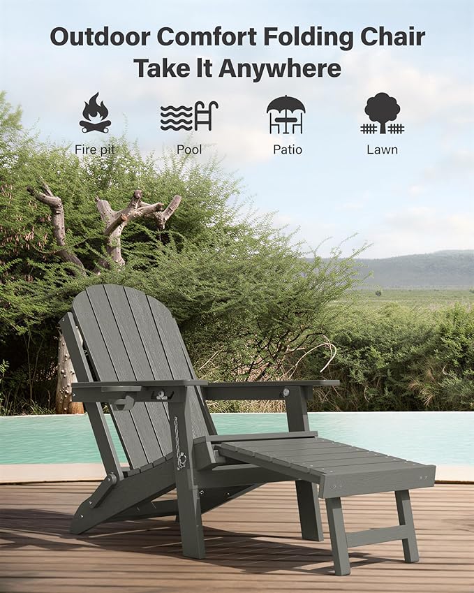 YEFU Adirondack Chair with Retractable Ottoman: Adjustable Folding Adirondack Chairs Set of 4 - Fire Pit Chairs with Cup Holder - Sturdy HDPE Plastic All Weather for Outdoor/Patio/Fire Pit/Pool(Grey)