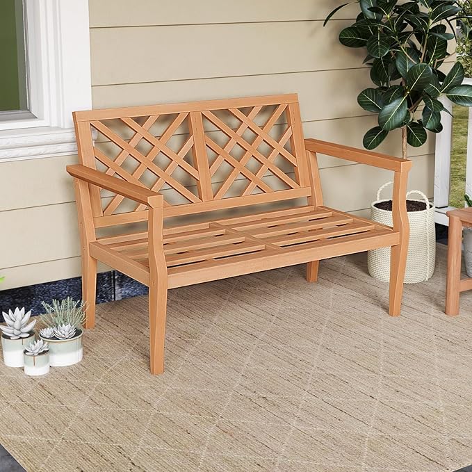 Tangkula Outdoor Garden Bench, 2-Person Teak Wood Bench with Comfy Armrests and Backrest, Slatted Seating Area, 800 LBS Weight Capacity, Patio Wood Loveseat Chair for Porch, Backyard, Park, Natural