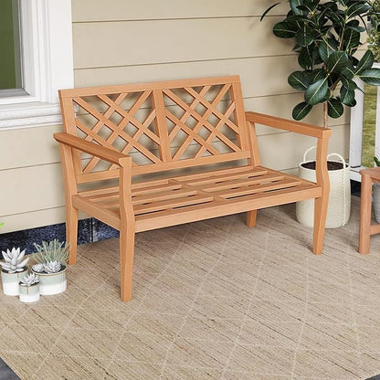 Tangkula Outdoor Garden Bench, 2-Person Teak Wood Bench with Comfy Armrests and Backrest, Slatted Seating Area, 800 LBS Weight Capacity, Patio Wood Loveseat Chair for Porch, Backyard, Park, Natural