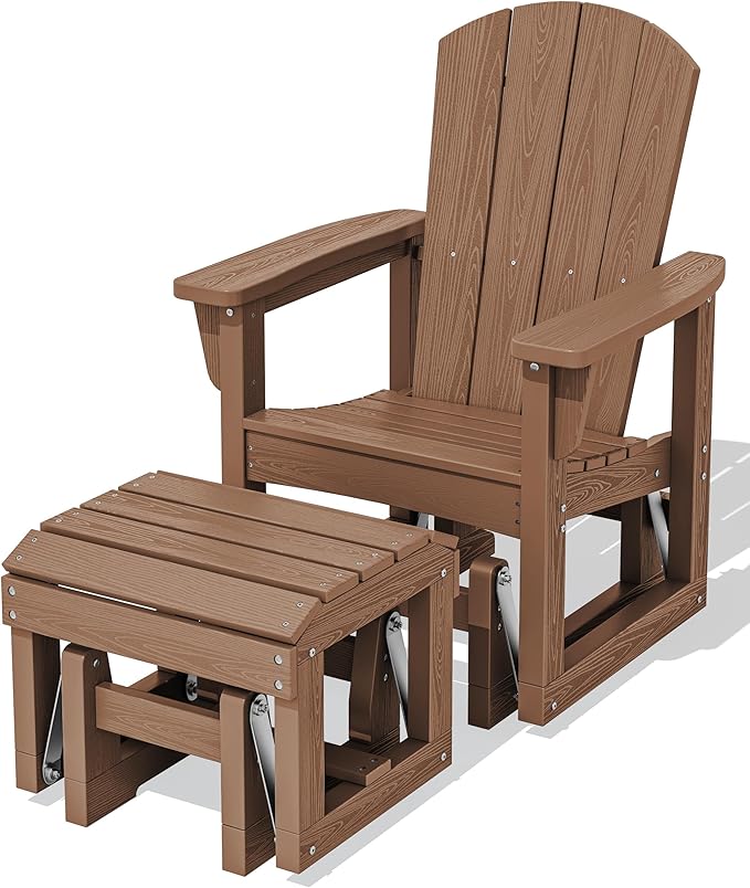 SERWALL Outdoor Glider Chair with Ottoman, HDPE Wood-Like Patio Glider Set All-Weather Porch Glider for Outside, Brown - Photo 1