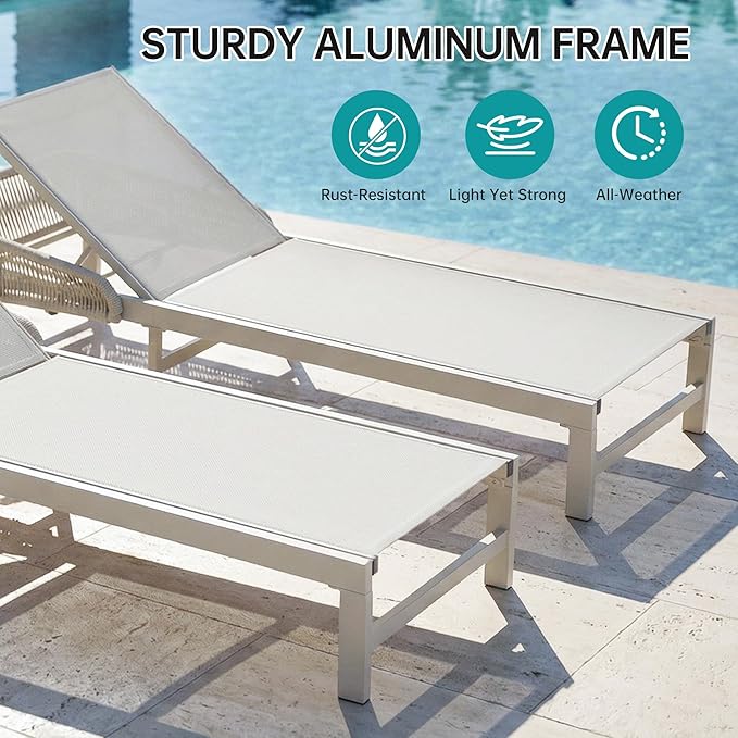 Aluminum Outdoor Lounge Chaise Chair with 2" Thick Cushion & Pillow, 5-Position Adjustable Patio Chaise Lounge with Wheels, 350lbs Capacity Pool Sun Lounge for Deck, Backyard, Beach (1 Chair)