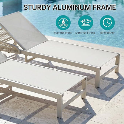Aluminum Outdoor Lounge Chaise Chair with 2" Thick Cushion & Pillow, 5-Position Adjustable Patio Chaise Lounge with Wheels, 350lbs Capacity Pool Sun Lounge for Deck, Backyard, Beach (1 Chair)