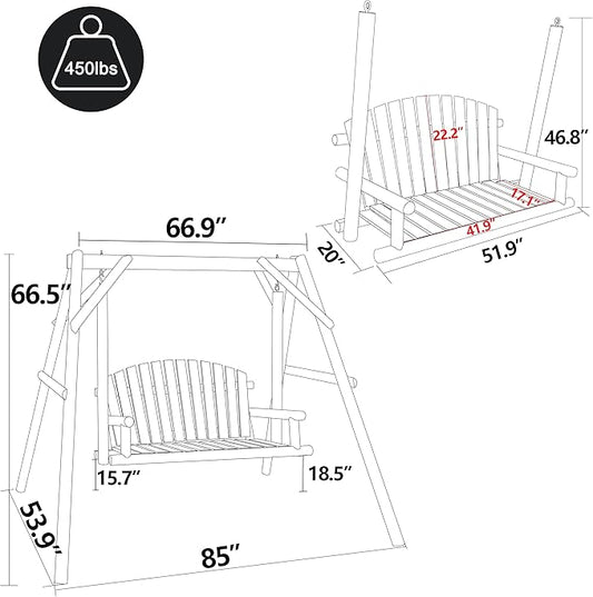 MUPATER Wooden Patio Porch Swing Glider Outdoor with A-Frame Stand, 2-Person Wood Log Porch Swing Bench Chair with Curved Back for Outside Yard, Garden, Deck & Poolside, Natural Wood