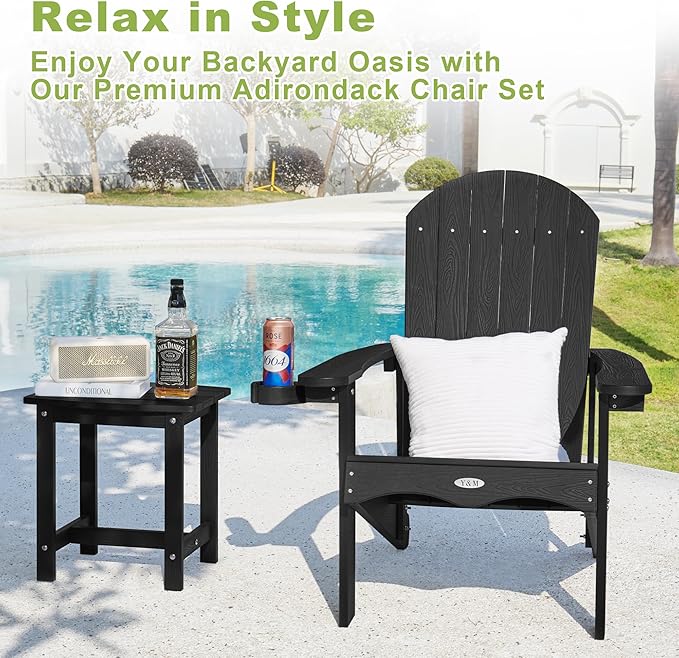 Y&M Adirondack Chair Set of 4, Black Fire Pit Chairs, Outdoor Patio Chairs with Cup Holder, Weather Resistant HDPE Wooden Textured Patio Chairs, Perfect for Garden, Lawn, Deck, or Poolside