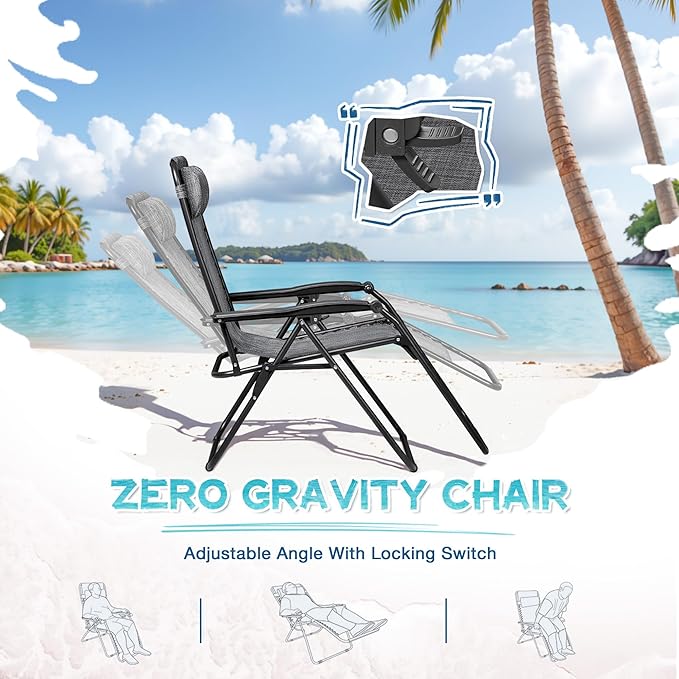 Greesum Zero Gravity Chairs Set of 2 Adjustable Steel Mesh Recliners Beach Deck Lawn Camping Patio Foldable Lounge Chair with Cup Holder Trays and Pillows,Double-Gray