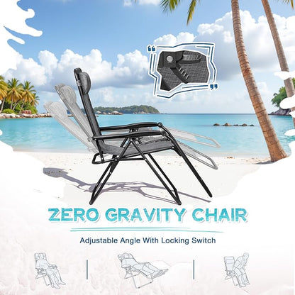 Greesum Zero Gravity Chairs Set of 2 Adjustable Steel Mesh Recliners Beach Deck Lawn Camping Patio Foldable Lounge Chair with Cup Holder Trays and Pillows,Double-Gray