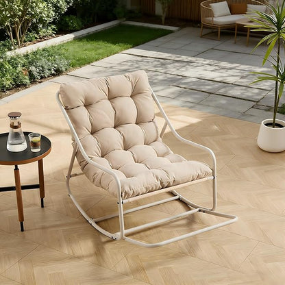 Rocking Chair with Foot Rest, Outdoor Indoor Rocking Lounge Chair with Cushion, Comfortable Patio Rocker Chairs for Patio, Porch, Garden, Living Room, Reading, Metal Frame, Beige