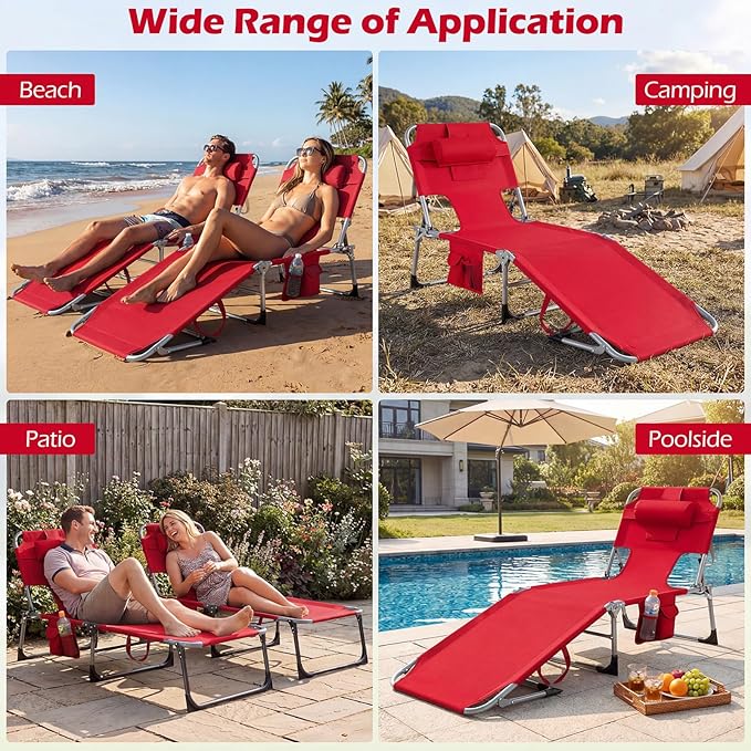 GYMAX Tanning Chair with Face Hole, Sun Bathing Lounge Chairs for Outside with Side Pocket, Folding Portable Face Down Layout Tanning Chair Beach, Backyard, Poolside, Lawn (Red,1)