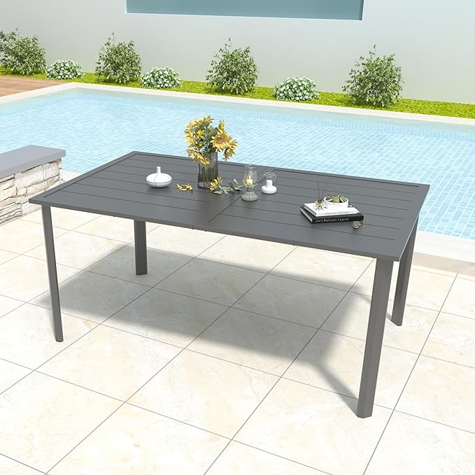 Outdoor Dining Table for 6-8 Person Weather-Resistant Patio Table with Umbrella Hole, 63L x 38W x 29H inches, Black Metal Frame Easy Install Black Outdoor Table for Backyard Garden Lawn