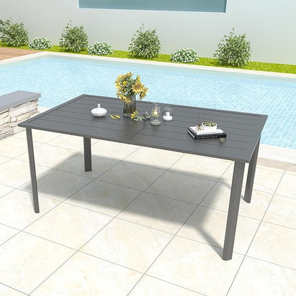 Outdoor Dining Table for 6-8 Person Weather-Resistant Patio Table with Umbrella Hole, 63L x 38W x 29H inches, Black Metal Frame Easy Install Black Outdoor Table for Backyard Garden Lawn