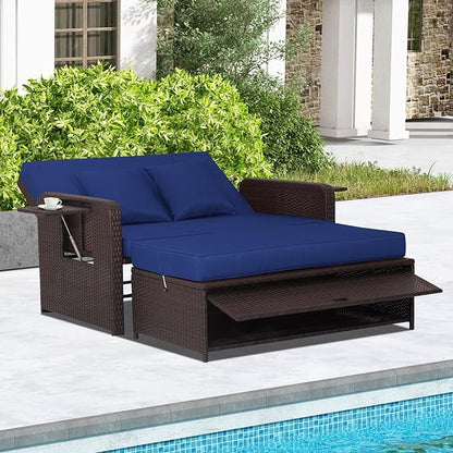 LDAILY Moccha Outdoor Daybed, Wicker Loveseat Sofa Set with 4-Postion Adjustable Backrest, Storage Ottoman, Cushions, Rattan Double Bed Lounger, Patio Furniture Set (Navy)