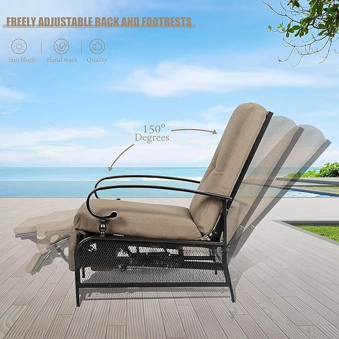SUNCROWN Outdoor Adjustable Recliner Chair for Patio - A Relaxing Outdoor Metal Furniture Chair with Thick Cushion, Brown
