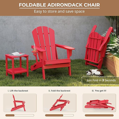 BRIOPAWS Folding-Adirondack-Chairs Set of 2 | HDPE Plastic | Fire Pit Chair | Cup Holder | Curved Back | All Weather| for Outdoor Backyard Deck Patio | Red