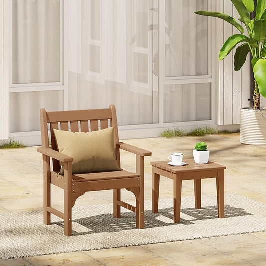 Costaelm Outdoor Patio Table and Chairs Set of 2, 2-Piece HDPE Garden Chair with Square Adirondack Side Table Set, Porch Chairs Coffee Table for Outside Porch Backyard, Teak