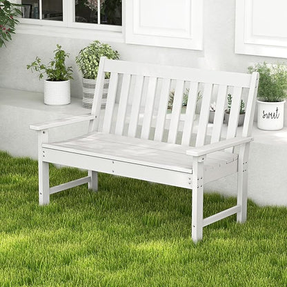 RELAX4LIFE 2-Person Patio Outdoor Bench - 52’’ All-Weather HDPE Garden Bench with Armrests & Slatted Backrest, Patio Bench for Front Porch Park Poolside Backyard, 705 LBS Weight Capacity (White)