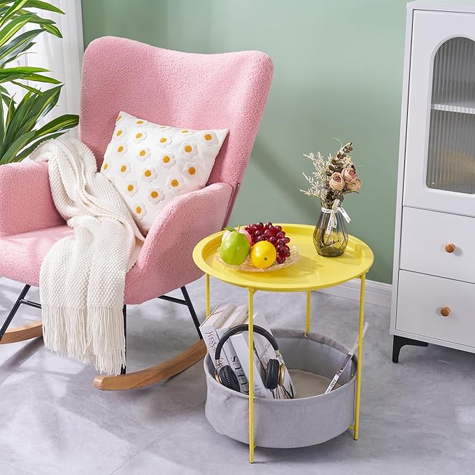 VECELO Round Side/End Table with Fabric Storage Basket，Metal Anti-Rust and Waterproof Small Bedside Nightstand with - Photo 7