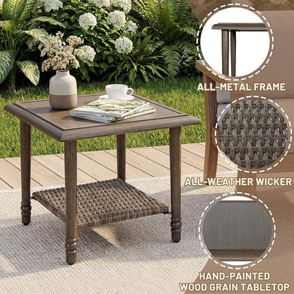 Loungewave Square Outdoor Side Table, 2-Tier Storage Patio Side Table, 20in Wicker Rattan Coffee Table, Metal End Table, Indoor Outdoor Wicker Small Table for Patio, Pool, Porch (Brown)