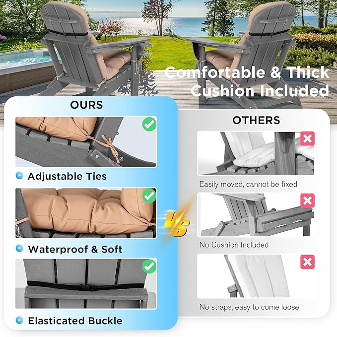 nalone Folding Adirondack Chair with Cushion with Cup Holder, HDPE Plastic Oversized Patio Chair Weather Resistant, Used in Outdoor, Fire Pit, Deck, Garden, Campfire Chairs (Grey)