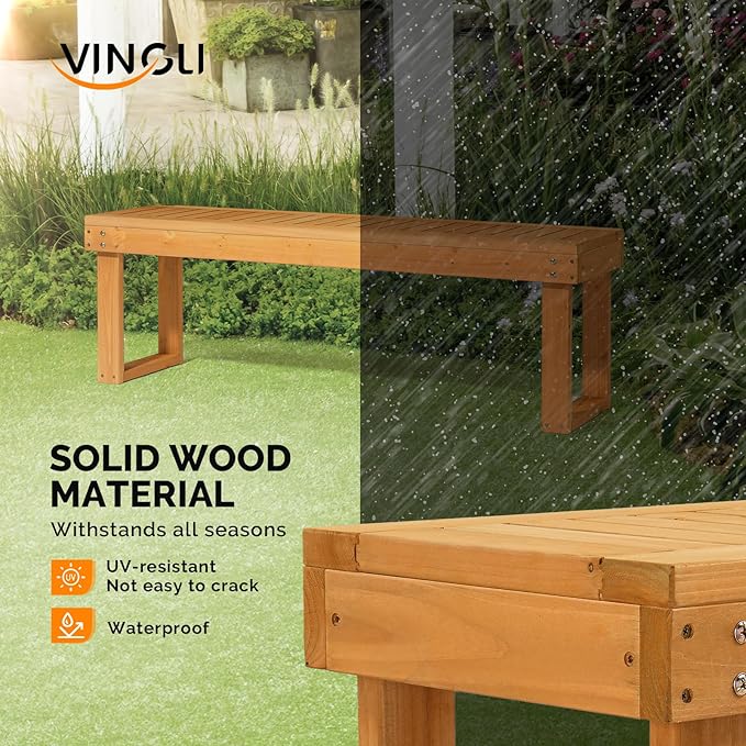 VINGLI 50'' Outdoor Wooden Bench, Weatherproof Outdoor Backless Bench, 2-Person Wood Patio Bench for Backyard, Poolside, Entryway