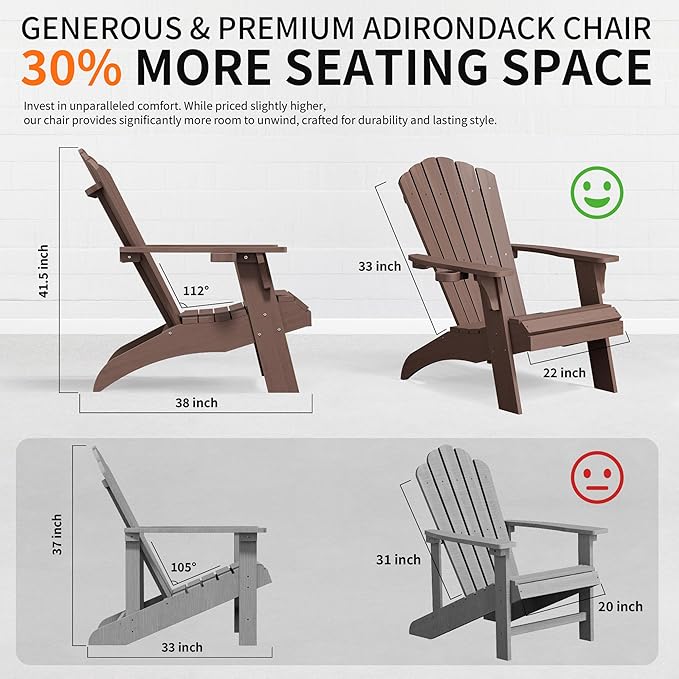Psilvam Adirondack Chair, Oversized Poly Lumber Fire Pit Chair with Cup Holder, 350Lbs Support Patio Chairs for Garden, Weather Resistant Adirondack Chair Looks Like Real Wood (2, Brown)