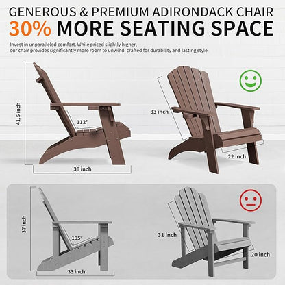 Psilvam Adirondack Chair, Oversized Poly Lumber Fire Pit Chair with Cup Holder, 350Lbs Support Patio Chairs for Garden, Weather Resistant Adirondack Chair Looks Like Real Wood (2, Brown)