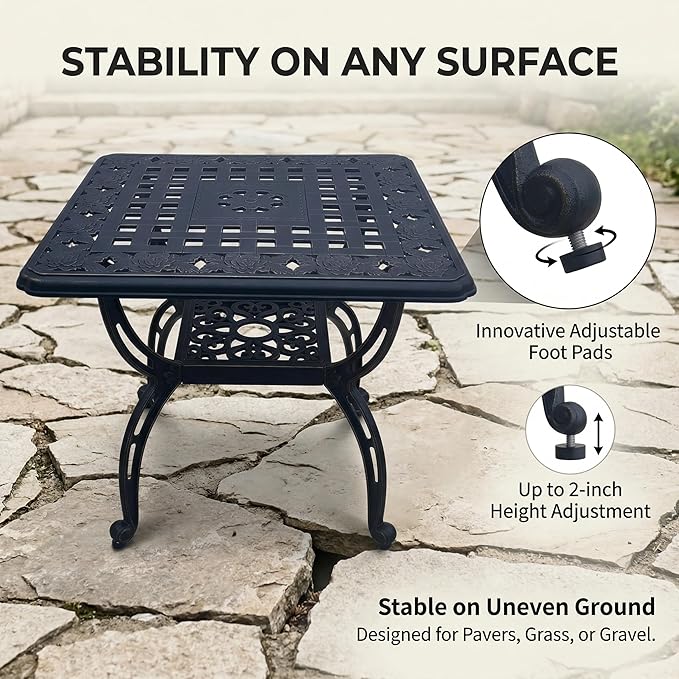 Square Outdoor Coffee Table Set of 2, Cast Aluminum Side Table with Storage,Indoor End Table, All-Weather Bistro Table for Patio Garden Lawn, Black
