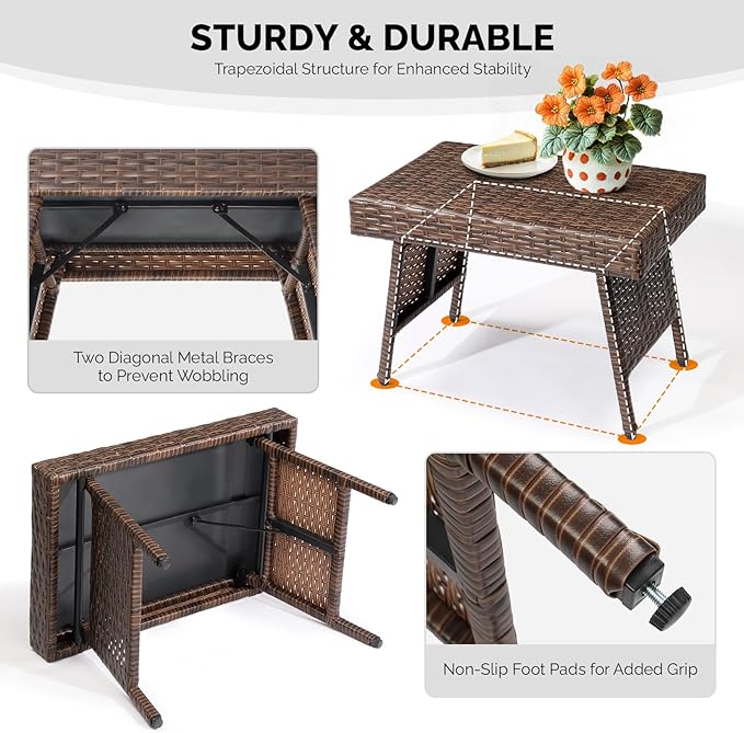 VINGLI Outdoor Folding Rattan Side Table, Portable Wicker End Table for Patio, Garden, Poolside, and Indoor Use, Mix Mocha