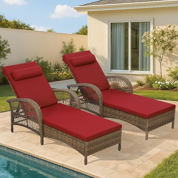 HOMEDIARY 2-Piece Outdoor Wicker Lounge Chairs with Cushion, Rattan Patio Chaise Loungers with 6-Level Backrest - Photo 1