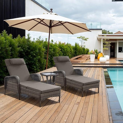 Belord 3 Piece Outdoor Chaise Lounge Patio Recliner - 75 Inch Adjustable Wicker Chaise Lounge with Soft Pillow Removable Cushions, All Weather Rattan Pool Lounge Chair Set 2 Poolside Deck Grey/Grey