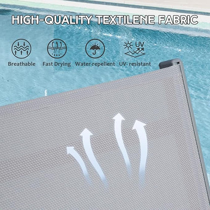 Domi Pool Lounge Chairs Set of 3, Adjustable Aluminum Outdoor Chaise Lounge with Wheels Patio Lounge Chairs with Side Table, All Weather for Deck Lawn Poolside Backyard-Gray Textilene