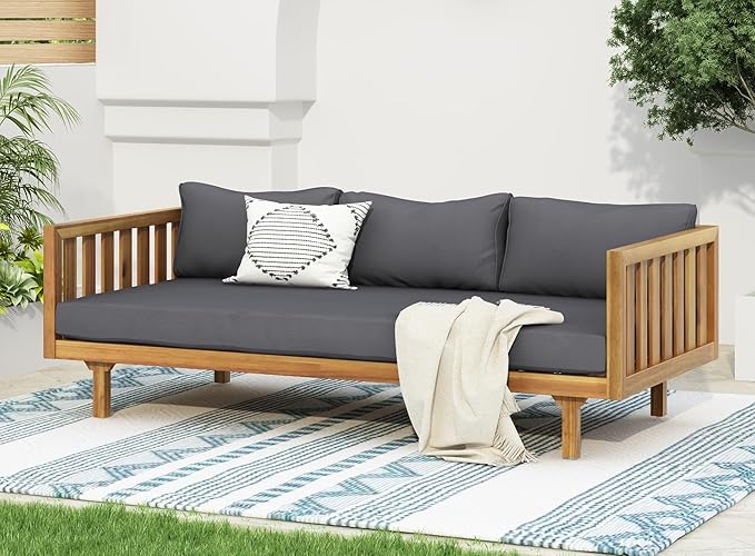 Merax Outdoor 3 Seater Daybed, Acacia Wood Day Bed Couch Sofa with Cushions for Patio Backyard, Garden - Photo 4