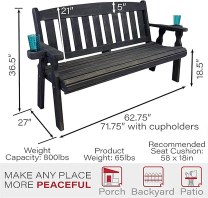 Amish Casual Heavy Duty 800 Lb Mission Pressure Treated Garden Bench with Cupholders (5 Foot, Semi-Solid Black Stain)