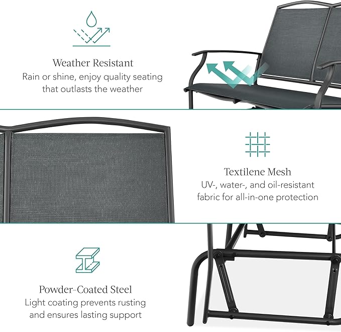 Best Choice Products 2-Person Outdoor Patio Swing Glider Steel Bench Loveseat Rocker for Deck, Porch w/Textilene Fabric - Photo 5