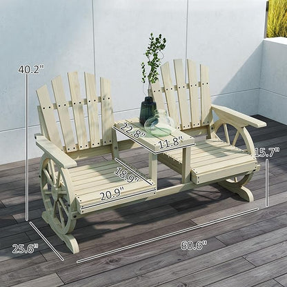 Outsunny Wooden Garden Bench with Table, Umbrella Hole, 2-Seat Wagon Wheel Outdoor Bench with Slatted Seat, High Backrest, Armrests for Backyard, Patio, Garden, Natural Wood