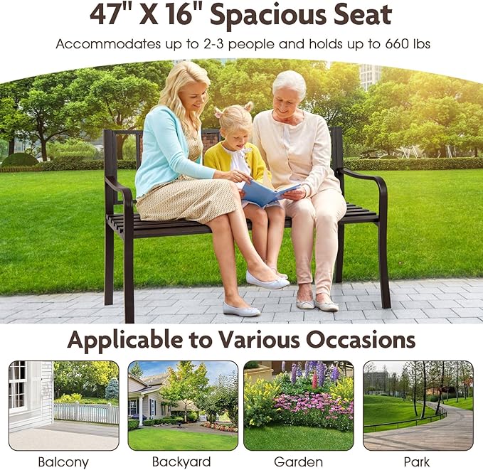 Giantex Outdoor Bench with PE Rattan Backrest, Curved Armrests, Slatted Seat for 2-3 Persons, Heavy-Duty Outdoor Seating Furniture, Garden Bench for Patio, Backyard, Poolside, Porch, Park, Brown