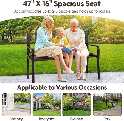 Giantex Outdoor Bench with PE Rattan Backrest, Curved Armrests, Slatted Seat for 2-3 Persons, Heavy-Duty Outdoor Seating Furniture, Garden Bench for Patio, Backyard, Poolside, Porch, Park, Brown
