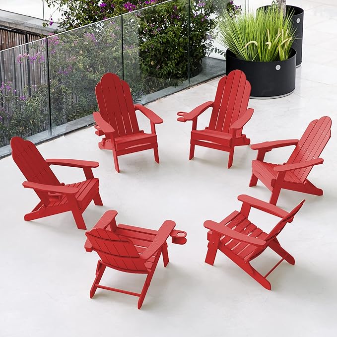 LUE BONA Folding Adirondack Chair Set of 6, Bright Red HDPS Fire Pit Patio Chairs Weather Resistant, Modern Plastic Outdoor Chairs with Cup Holder