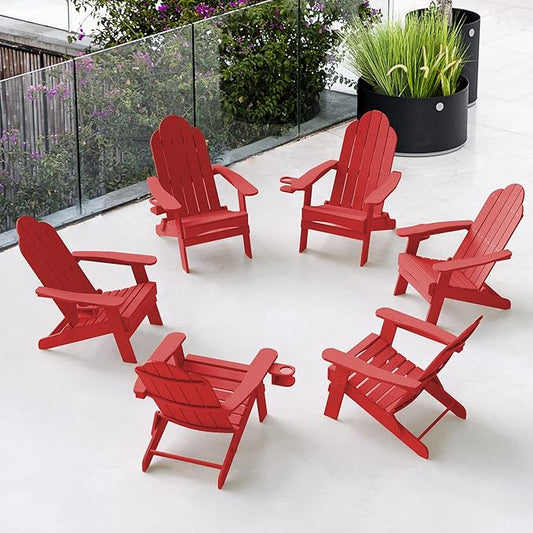 LUE BONA Folding Adirondack Chair Set of 6, Bright Red HDPS Fire Pit Patio Chairs Weather Resistant, Modern Plastic Outdoor Chairs with Cup Holder