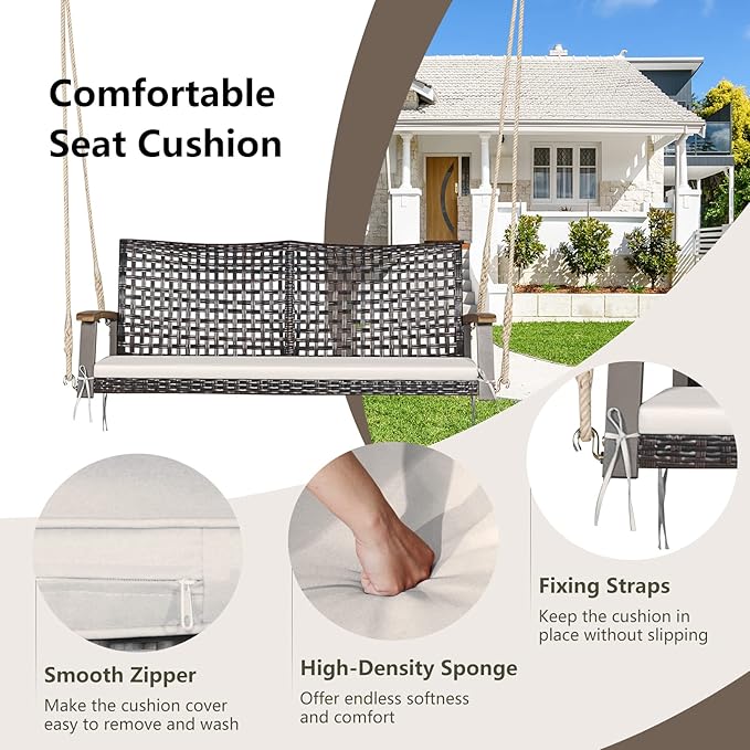 RELAX4LIFE 2-Seater Outdoor Porch Swing - PE Wicker Porch Loveseat Swing with 118” Hanging Ropes - Photo 4