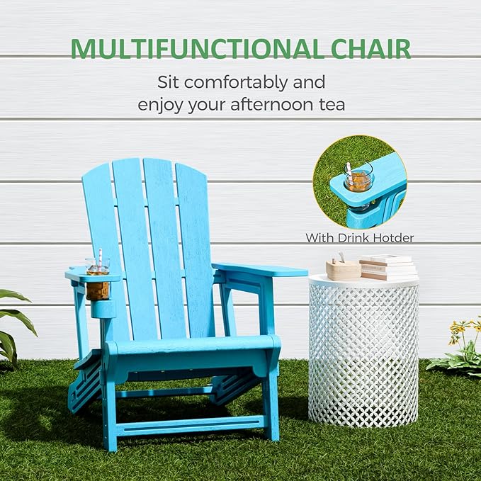 FONTOI Adirondack Chair, Outdoor Weather Resistant Lawn Furniture, Plastic Adirondack Chair with Cup Holder, 400 LBS Capacity Recliner, Garden Backyard Patio Without Screws Install, Sky Blue