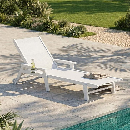 Patio Chaise Lounge Chair with Wheels & Cup Holder, HDPE Textilene Outdoor Lounge Chair 5 Positions Adjustable for Poolside Deck Patio Backyard (4, White Frame, White Textilene)