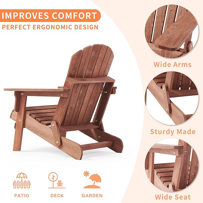 SoliWood Oversize Wooden Outdoor Folding Adirondack Chair Set of 2 with Pre-Assembled BackRest & SeatBoard, Wood Patio Chair for Garden Backyard Porch Pool Deck Firepit