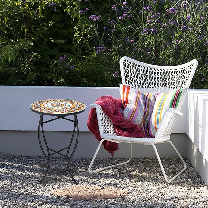 VCUTEKA Mosaic Outdoor Side Table - Small Patio Table Coffee Outside Accent Tables Round End Plant Tables for Bistro Balcony Porch Outdoor Benches 14'' Multi Yellow