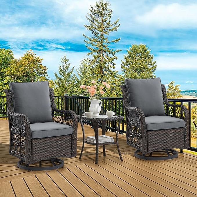 GAOMON 3 Piece Outdoor Patio Set, Wicker Rocking Bistro Set with 2 Swivel Chairs & Tempered Glass Top Table - Photo 3