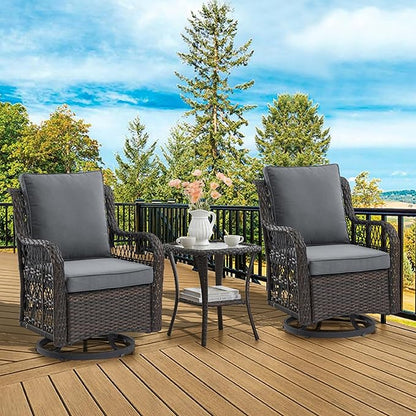 GAOMON 3 Piece Outdoor Patio Set, Wicker Rocking Bistro Set with 2 Swivel Chairs & Tempered Glass Top Table, Rattan Outdoor Furniture with Cushions for Patio Porch Backyard(Brown Rattan/Gray Cushion)