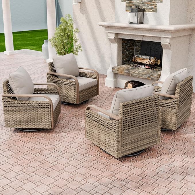 Modern Wicker Outdoor Swivel Rocking Chairs, Rattan Glider Rocker Chairs Patio Armchairs for Backyard, Deck, Porch, Garden, 4 Pieces, Brown/Gray