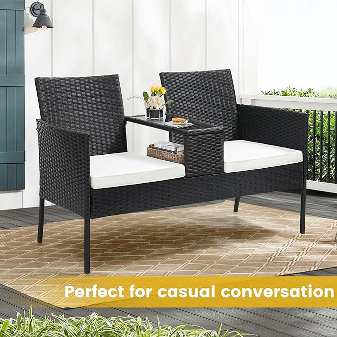 Kromax Wicker 2 Seat Patio Loveseat, Outdoor Rattan Loveseat with Table, Washable Cushion Covers, Backyard, Garden, Lawn - Photo 6