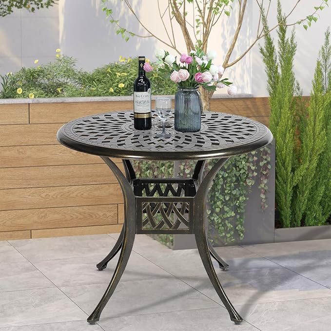 VIVIJASON 31" Patio Bistro Table Outdoor Dining Round Table Bronze Cast Aluminum Table with Umbrella Hole