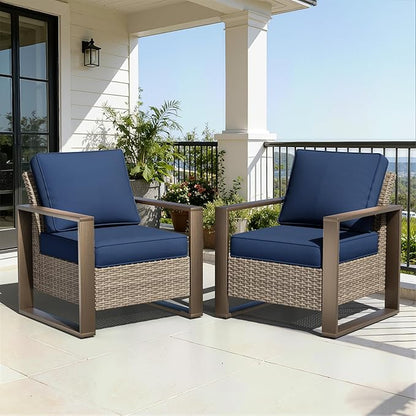 Patio Metal Wicker Chairs Set of 2, All Weather Outdoor Rattan Dining Chairs with Rectangular Framed Wood-Looking Armrest & Fade-Resistant Cushions for Deck Balcony Backyard, Dark Blue